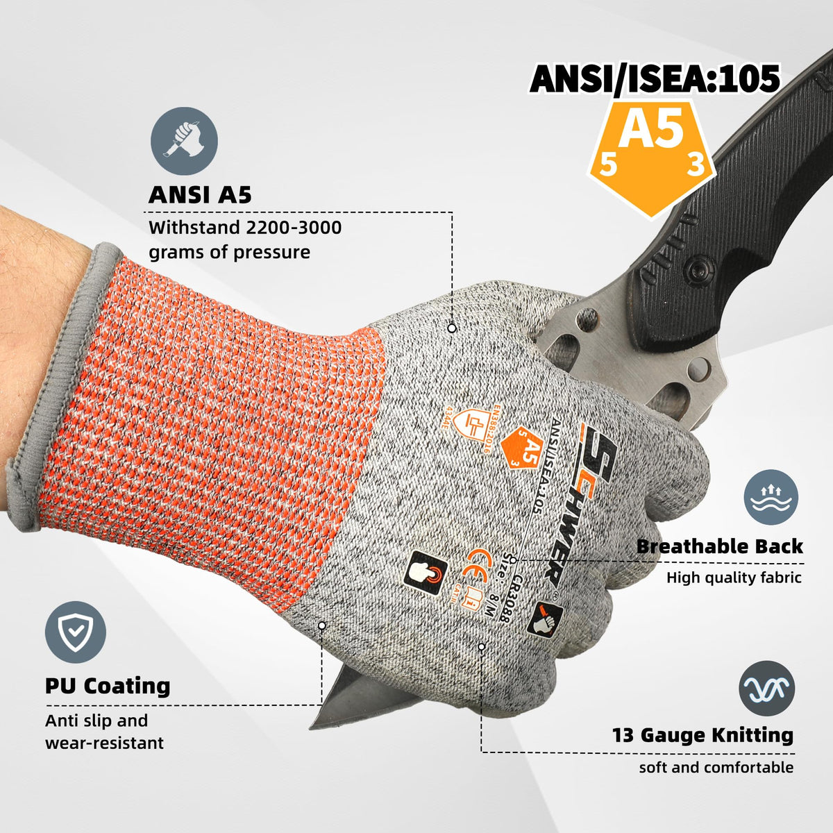 Schwer cut gloves showing non-slip PU coating for wet surfaces