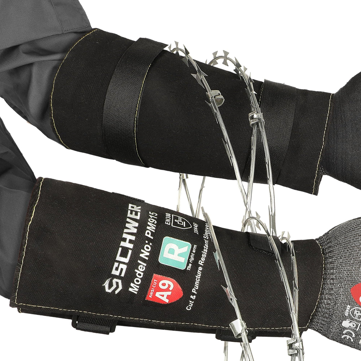 Schwer PM915 arm sleeve in use showing cut resistance for pruning and heavy-duty tasks.