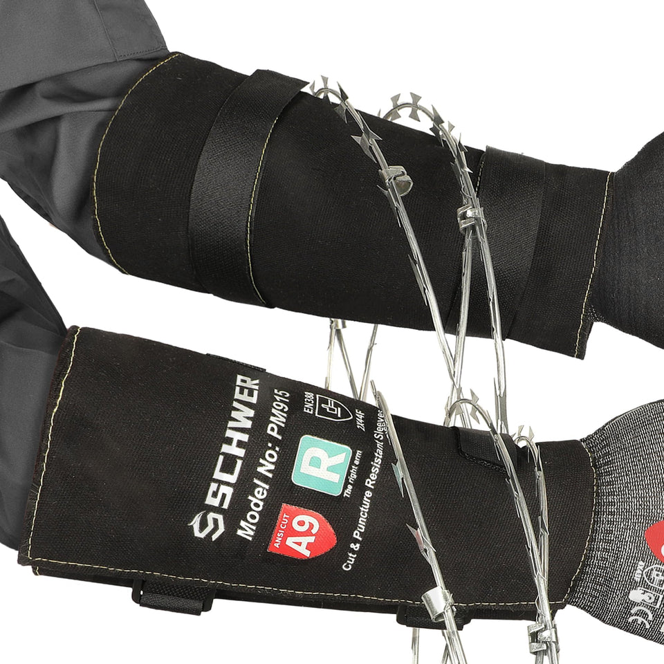 Schwer PM915 arm sleeve in use showing cut resistance for pruning and heavy-duty tasks.