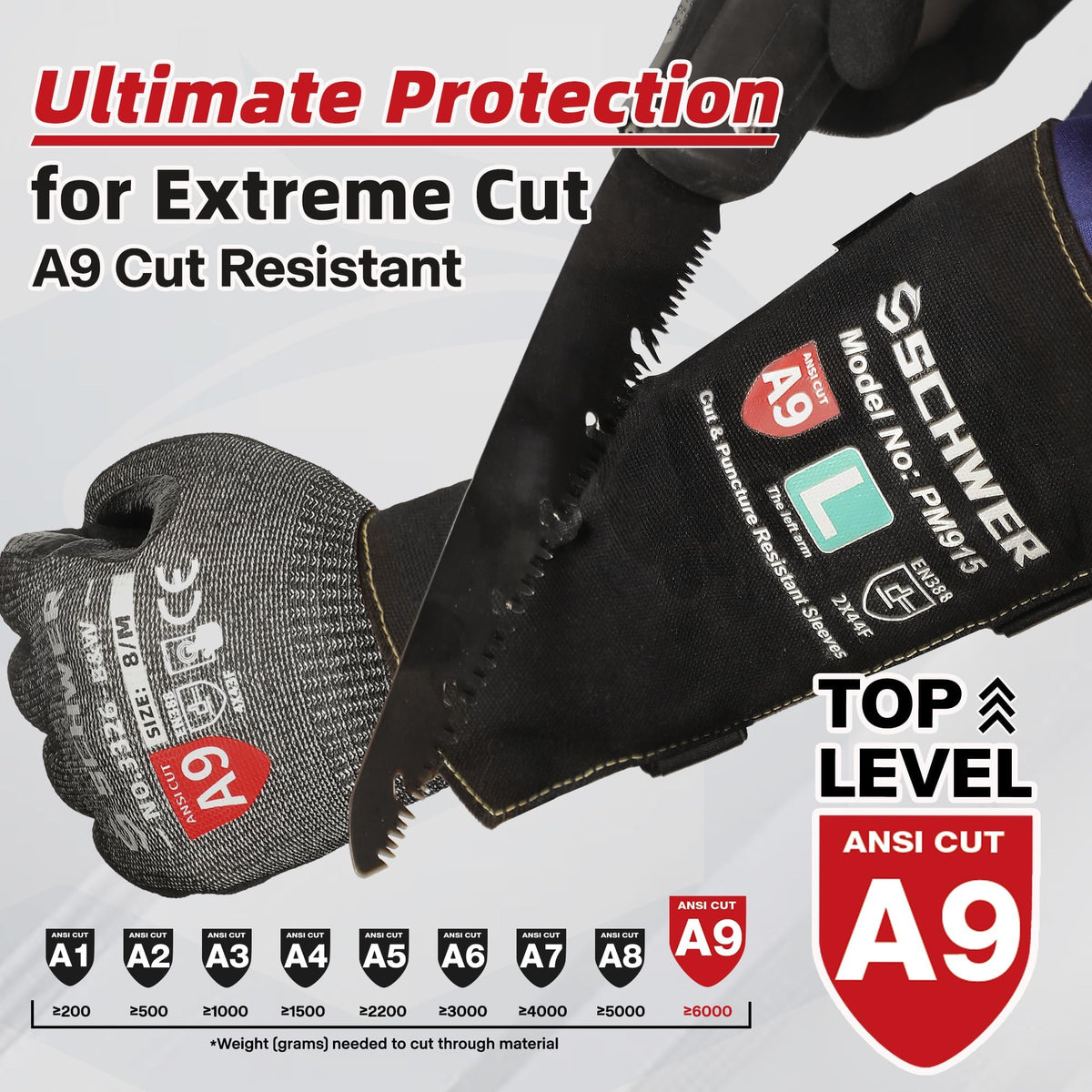 Schwer PM915 arm sleeve close-up highlighting puncture protection against thorns and sharp edges.
