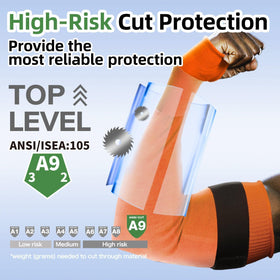 Schwer PRO-SKIN ANSI A9 arm sleeves, thumb-slot close-up, secure fit with gloves.