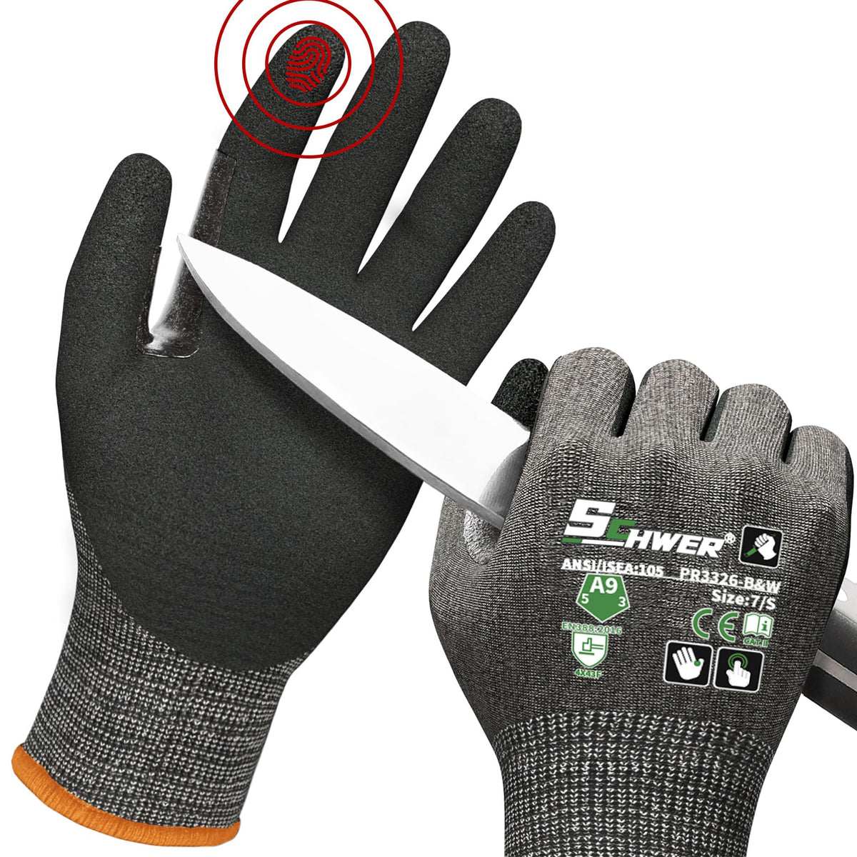 Schwer ProGuard gloves show highest level protection against cutting hazards.