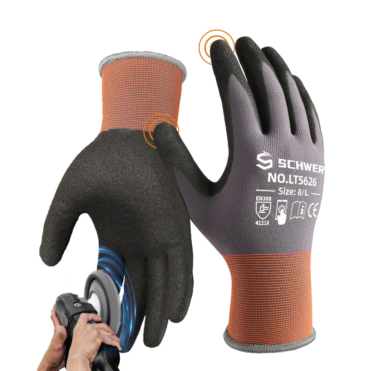Schwer gloves with sandy nitrile-coated palm provide secure grip in wet conditions.