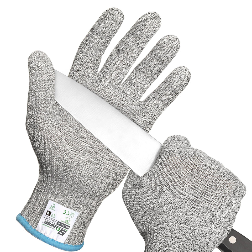 Schwer SlicePro cut gloves close-up shows fiber-and-steel protection for kitchen tasks