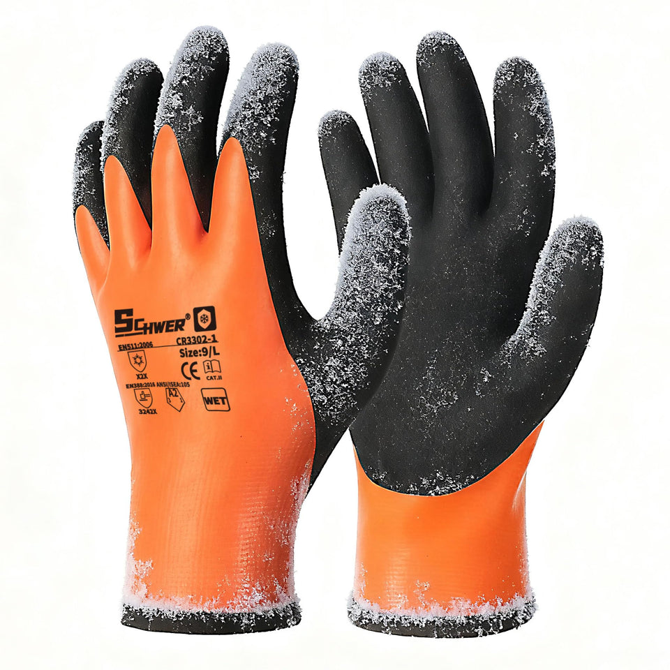 Schwer waterproof winter gloves pack front view showing dry hands in snow.