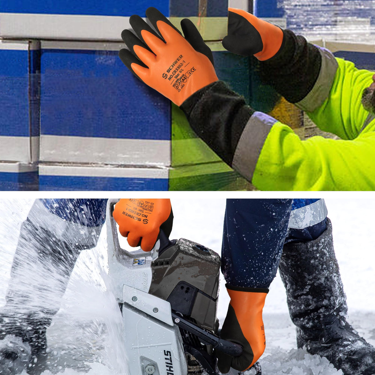 Schwer latex-coated gloves ideal for snow shoveling and ice tasks with grip.