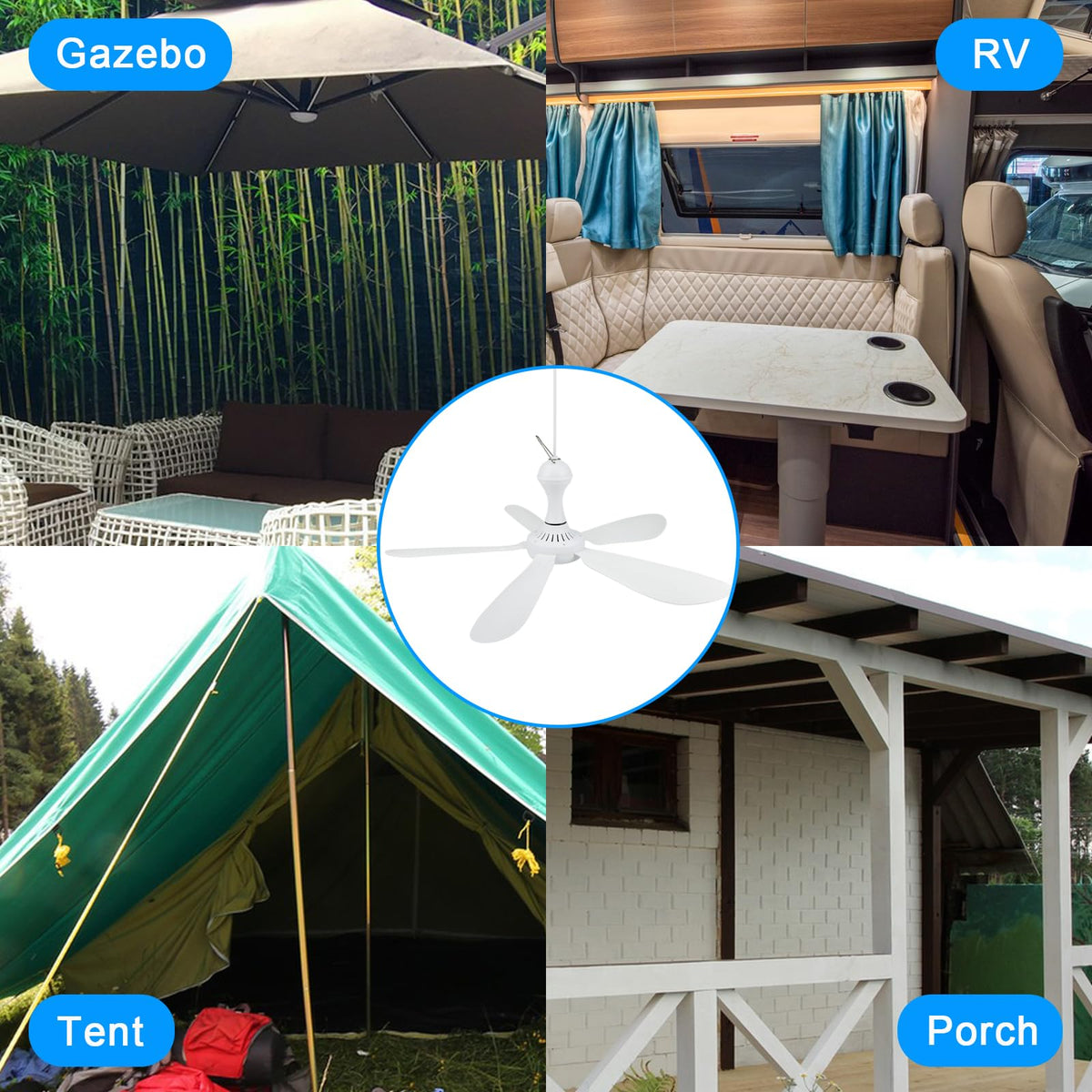 SCOOYEEES 28-inch ceiling fan in a dorm room or RV interior.