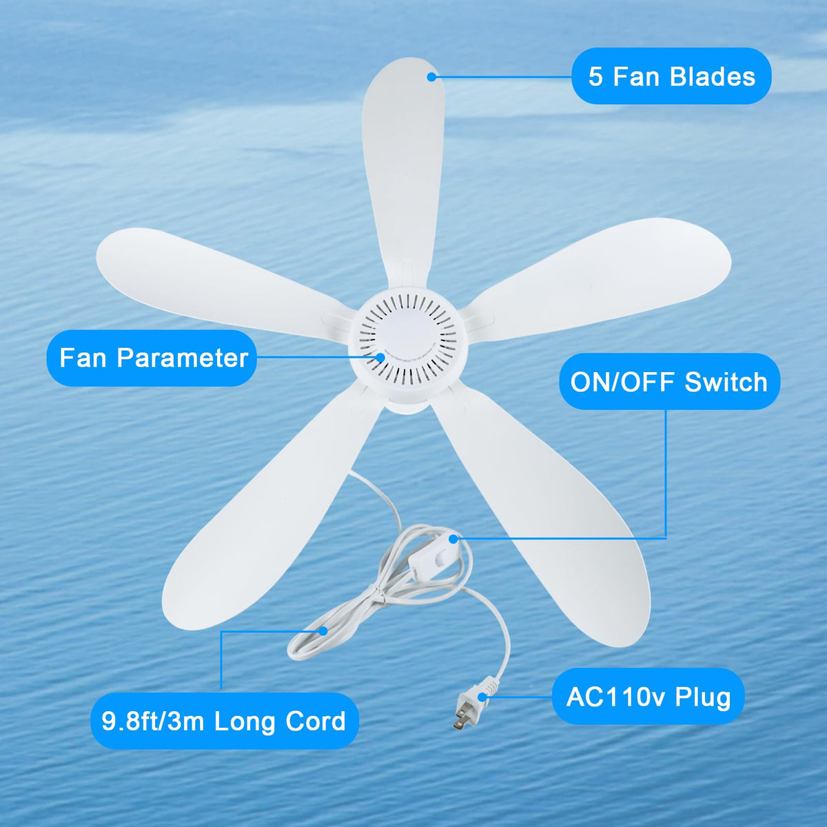 SCOOYEEES 28-inch ceiling fan plugged in with a long 3m cord.