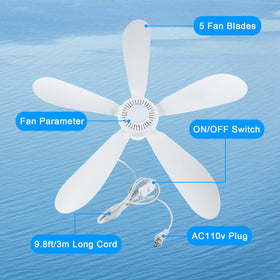 SCOOYEEES 28-inch ceiling fan plugged in with a long 3m cord.