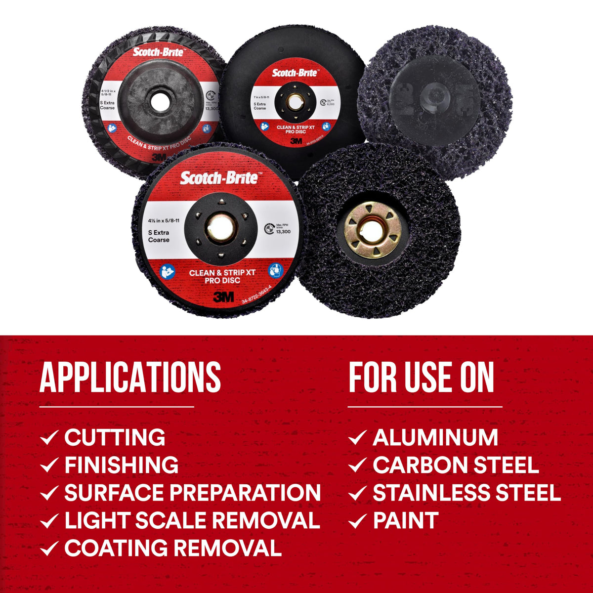 Scotch-Brite XT Pro Disc fits standard arbor sizes and 4-1/2 inch wheels with 5/8-11 thread.