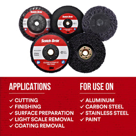 Scotch-Brite XT Pro Disc fits standard arbor sizes and 4-1/2 inch wheels with 5/8-11 thread.