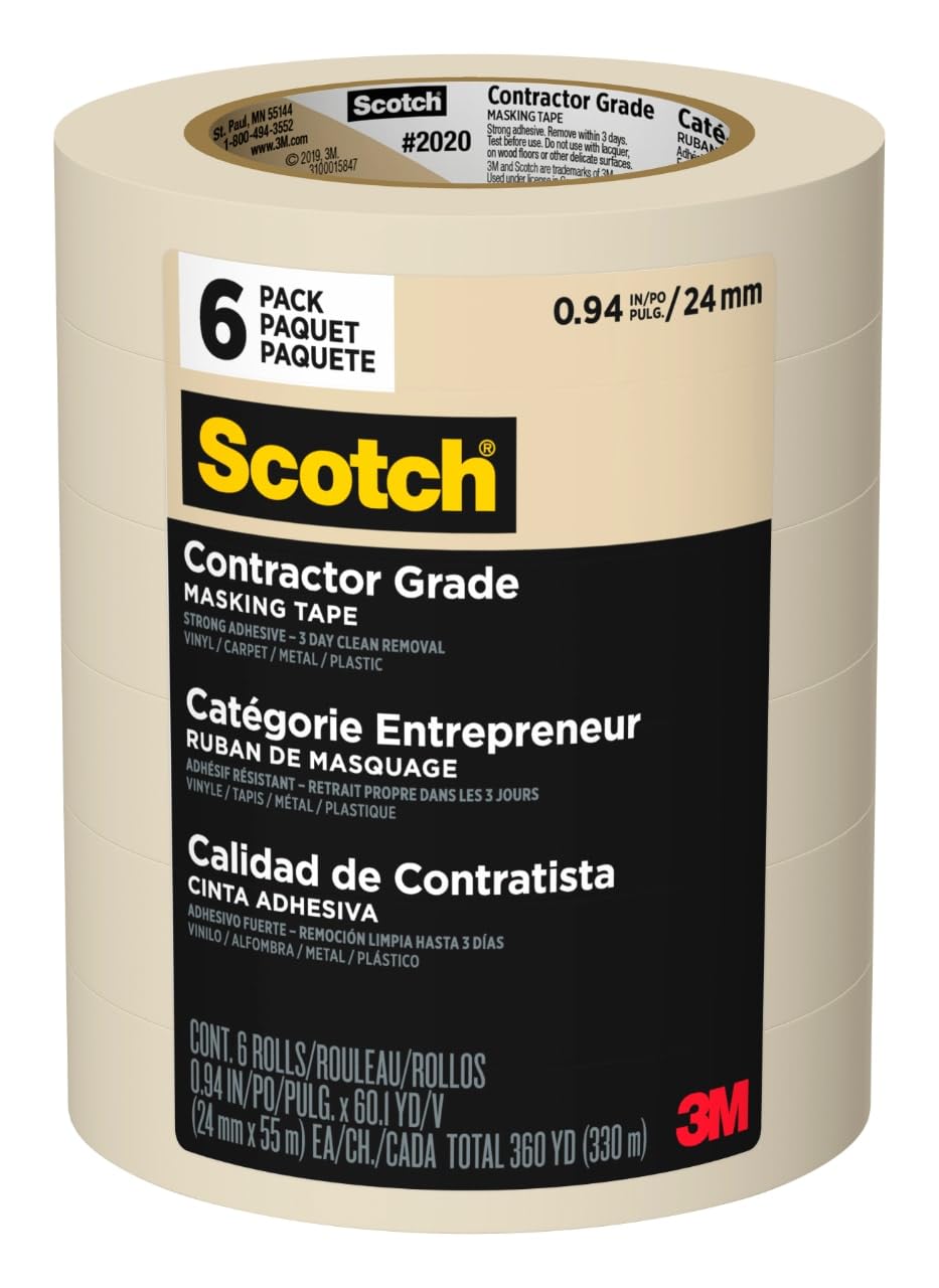 Scotch contractor-grade masking tape six-roll pack for versatile projects indoors and outdoors.