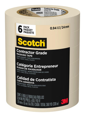 Scotch contractor-grade masking tape six-roll pack for versatile projects indoors and outdoors.