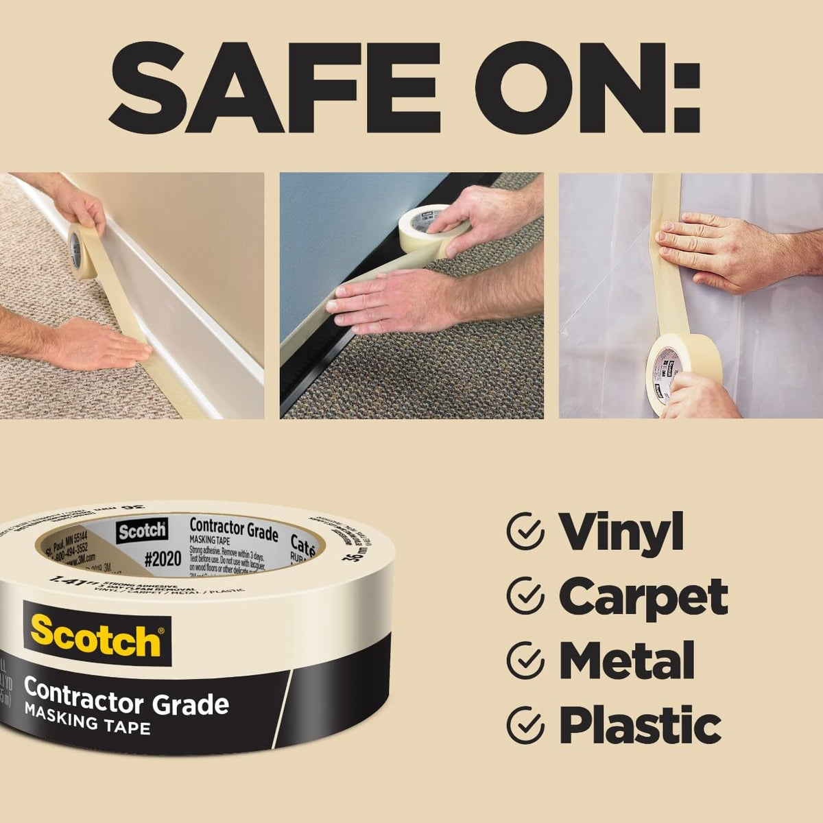 Scotch contractor-grade masking tape for indoor-outdoor use on multiple surfaces.