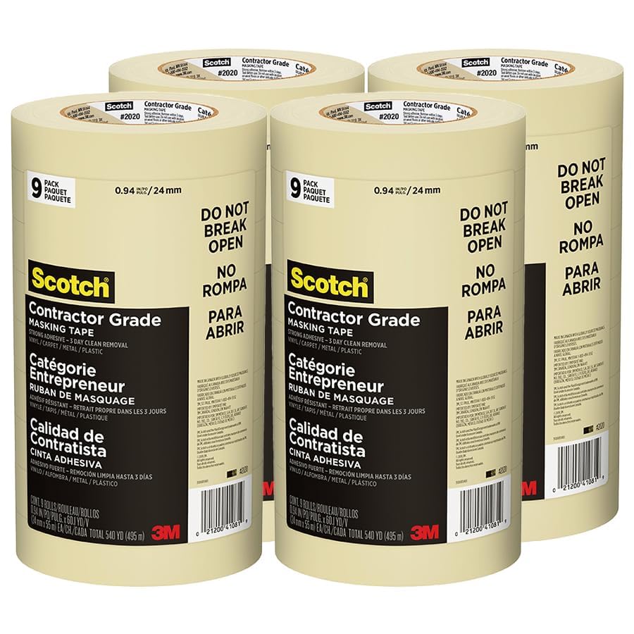 Scotch contractor-grade masking tape roll, tan vinyl, for versatile indoor applications with clean removal.
