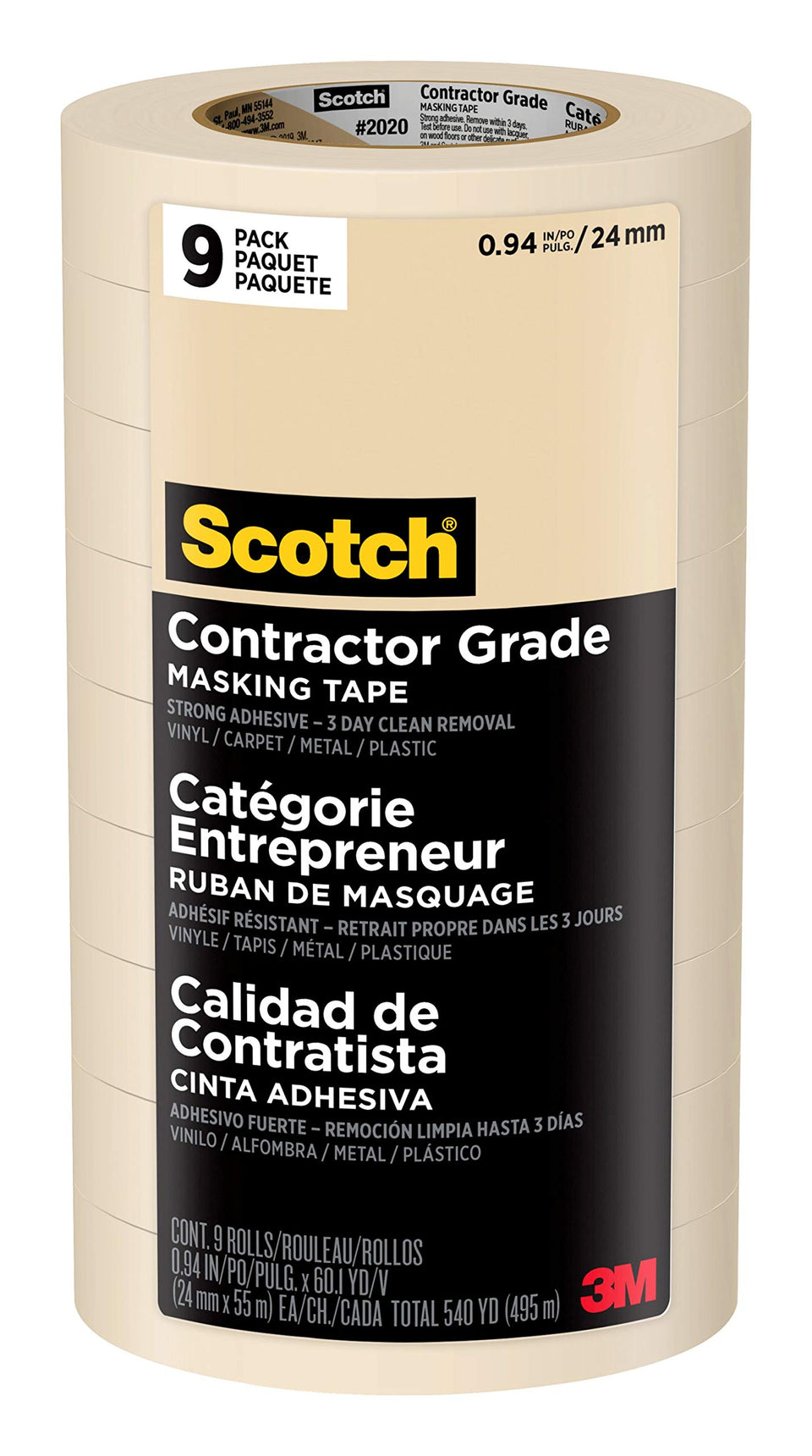 Scotch Contractor Grade masking tape 9-pack rolls for versatile interior masking