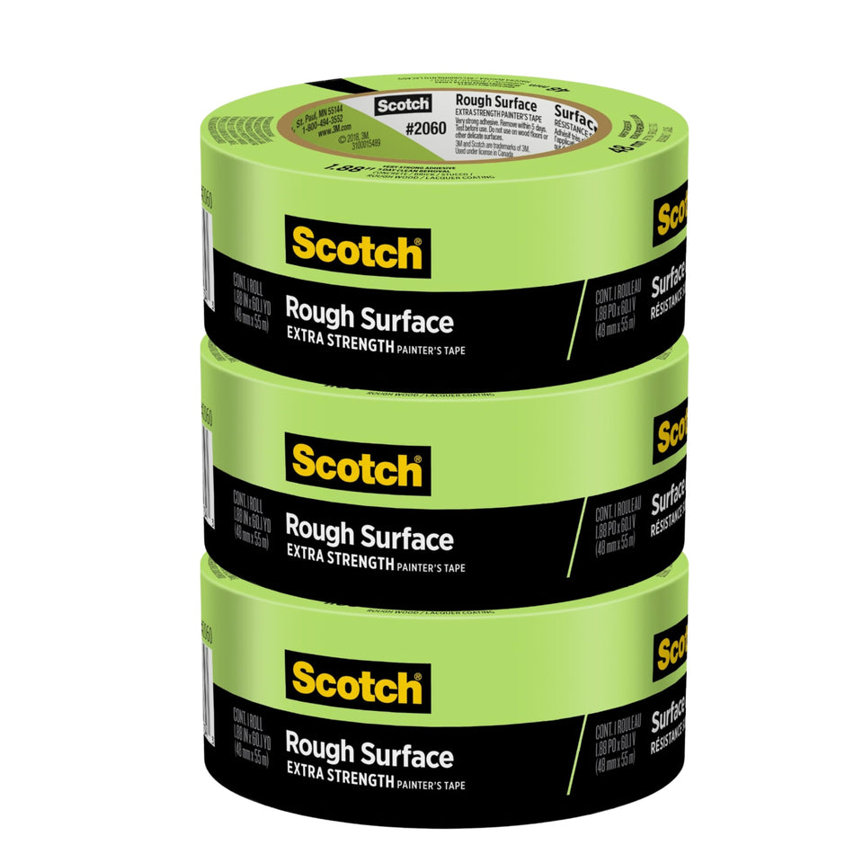 Scotch rough surface tape shows strong adhesion on textured brick for crisp paint lines.