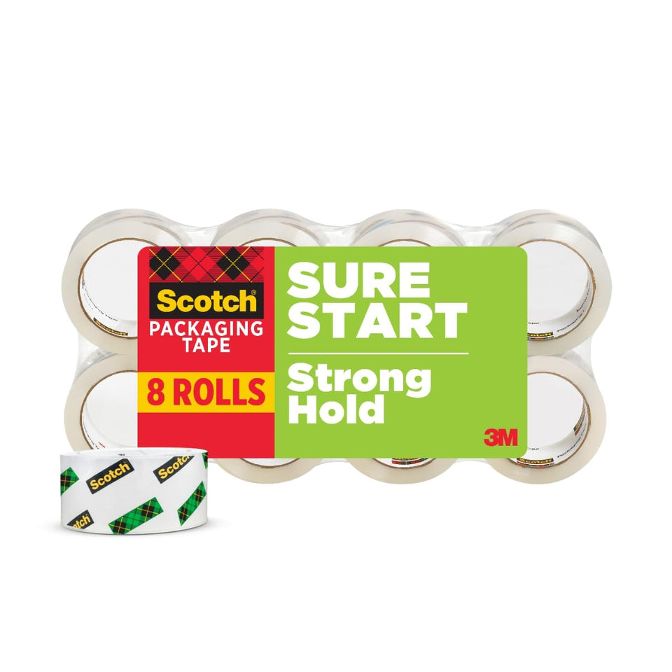 Scotch Sure Start tape end visible for quick grabbing during packing.