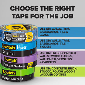 Indoors and outdoors use of ScotchBlue PROSharp tape on various surfaces.