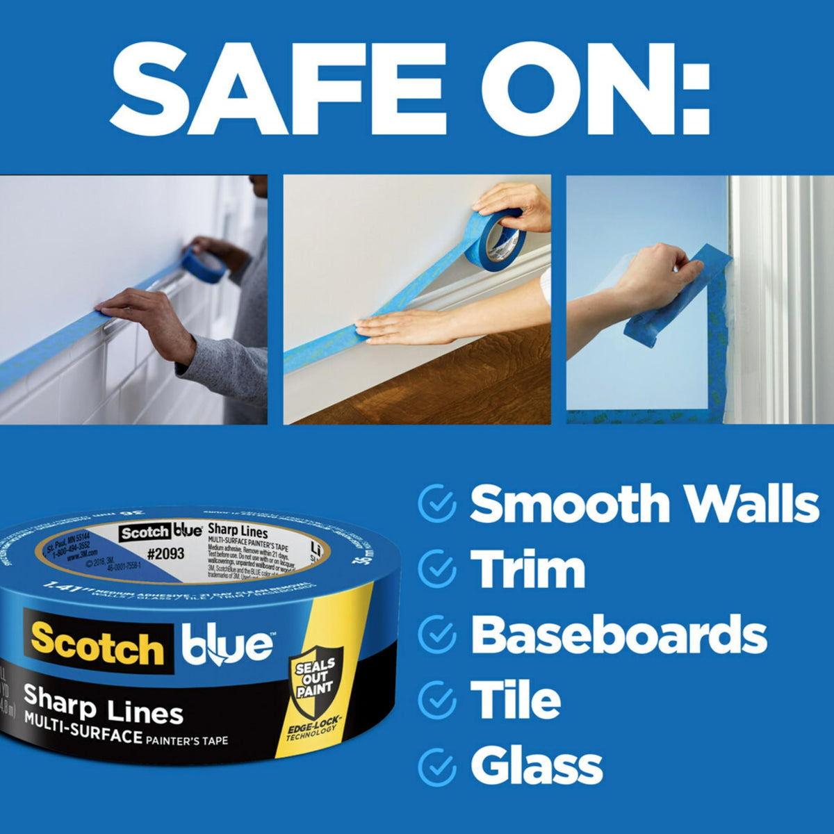 ScotchBlue Sharp Lines tape multi-surface design protects walls, trim, tile, and glass during painting.
