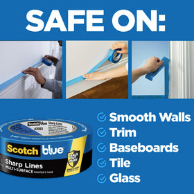 ScotchBlue Sharp Lines tape multi-surface design protects walls, trim, tile, and glass during painting.