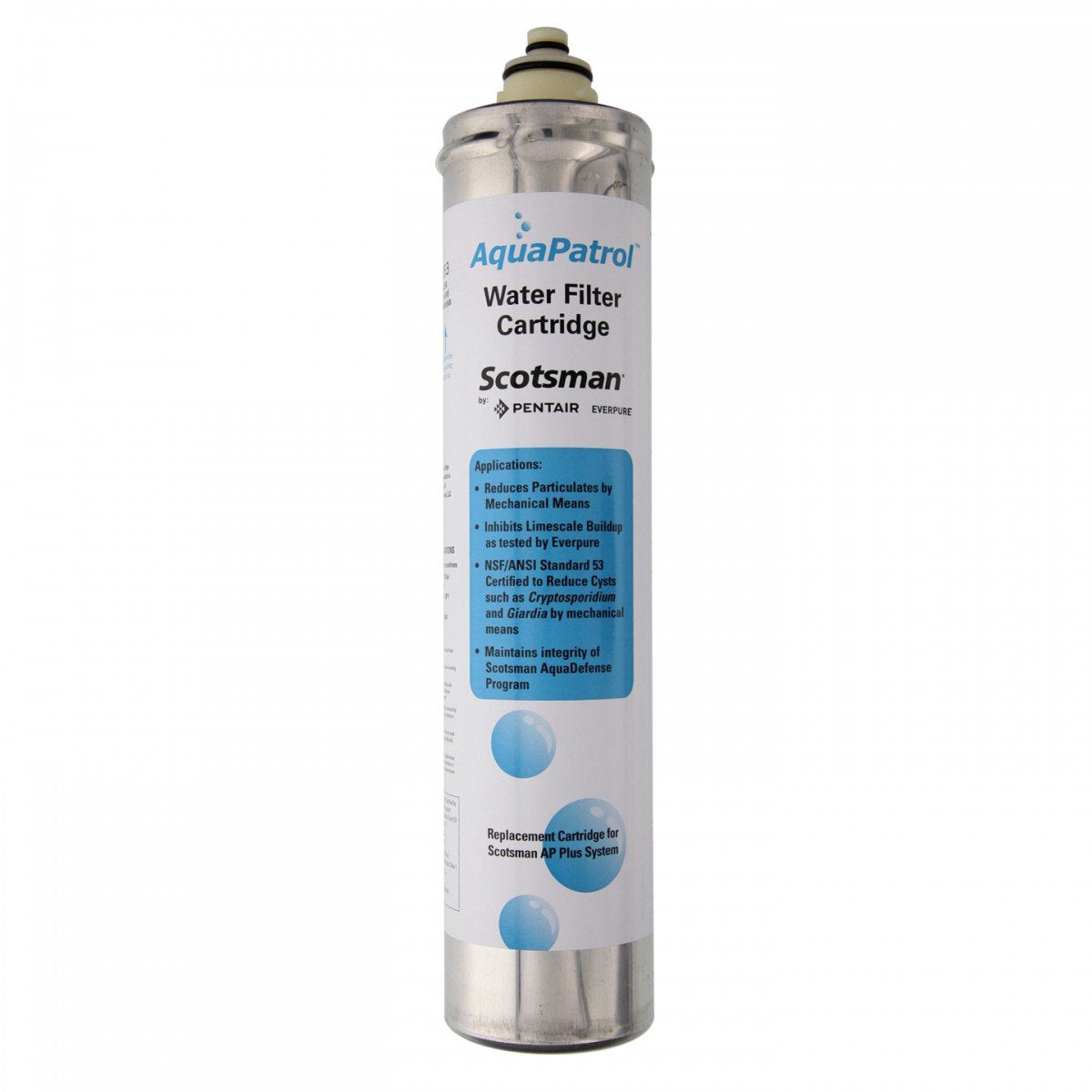 Scotsman AquaPatrol Plus cartridge close-up shows filtration quality.