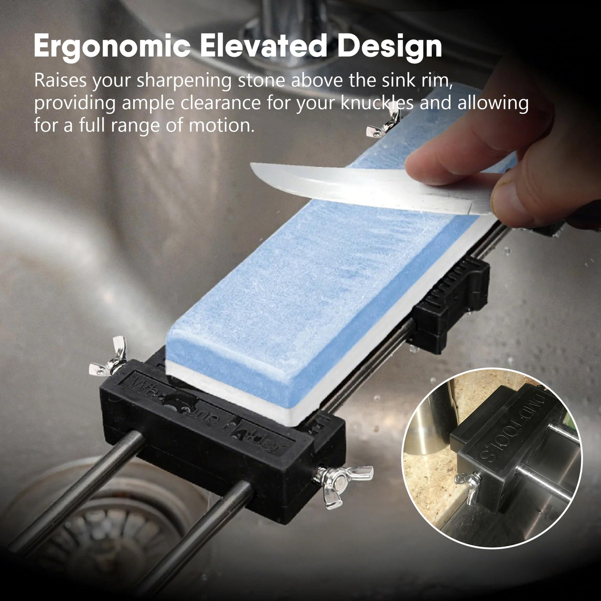 SCOTTCHEN supports water drainage and keeps countertops clean while sharpening over the sink