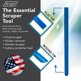 Flat-edge Scrigit tool shown on flat surfaces for broad cleaning.