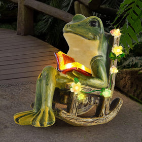Scuyari frog statue with succulents brightens garden beds at sunset.