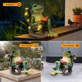Scuyari reading frog holds a red book, inviting guests during gatherings.