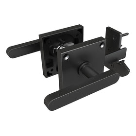 Sdstone double side gate latch front view on a wooden gate, showcasing self-locking design.