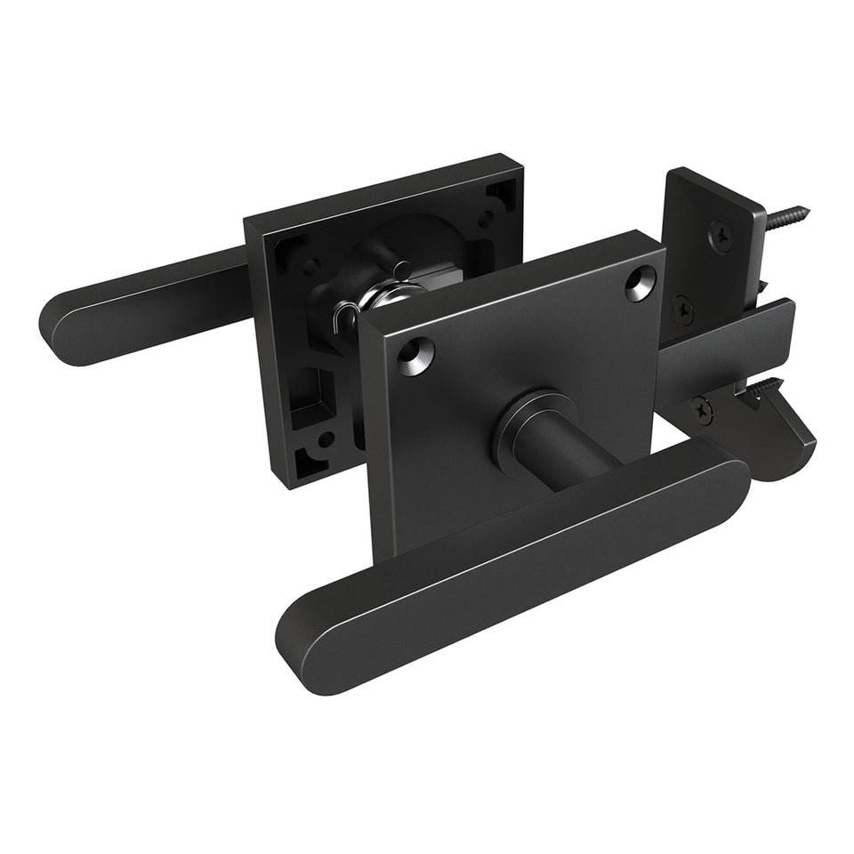 Sdstone double side gate latch front view on a wooden gate, showcasing self-locking design.