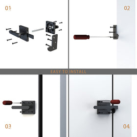 Sdstone gate latch installed on a garden gate in an outdoor setting.
