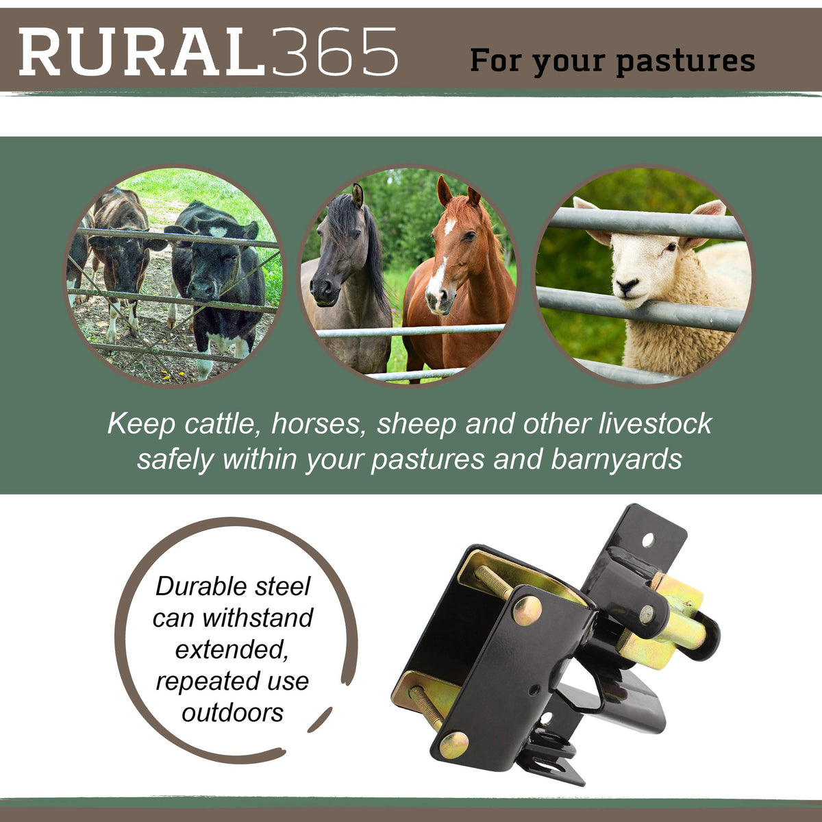 SDSWWFFFWWW weatherproof steel gate latch withstands rain and snow.