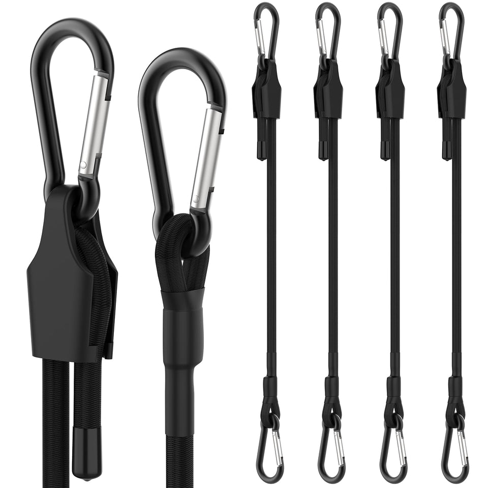SDTC Tech 72-inch adjustable bungee cords with carabiners securing outdoor cargo