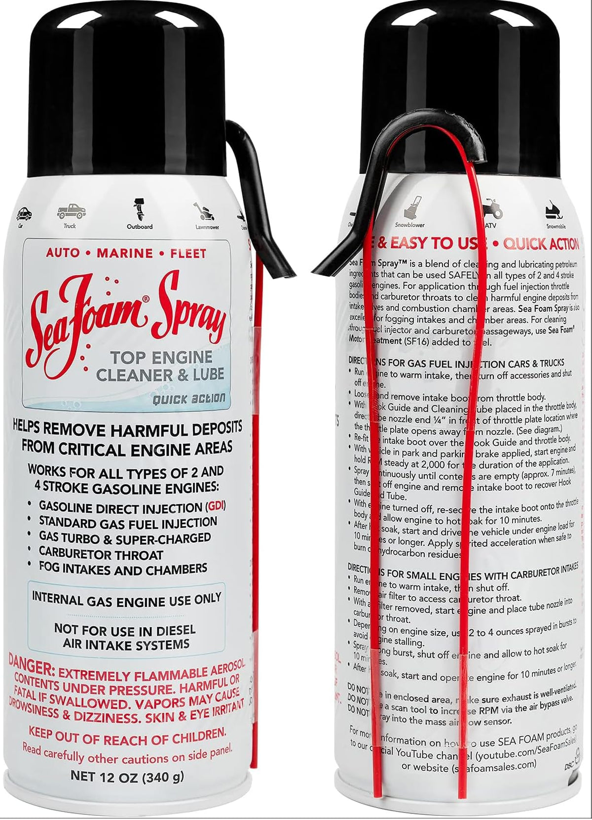 Sea Foam Spray CLNR 12oz front label highlights engine cleaning and lubrication potential.