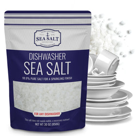 Sea Salt Superstore dishwasher salt bottle reduces mineral buildup for spotless dishes.