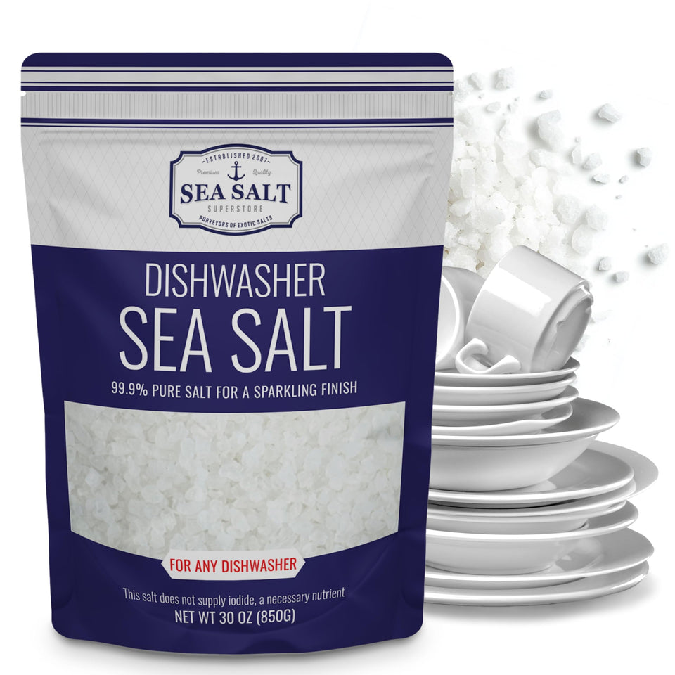 Sea Salt Superstore dishwasher salt bottle reduces mineral buildup for spotless dishes.