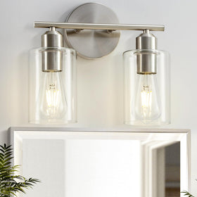 SEABLE 2-light vanity fixture in brushed nickel over a mirror for modern bathroom lighting