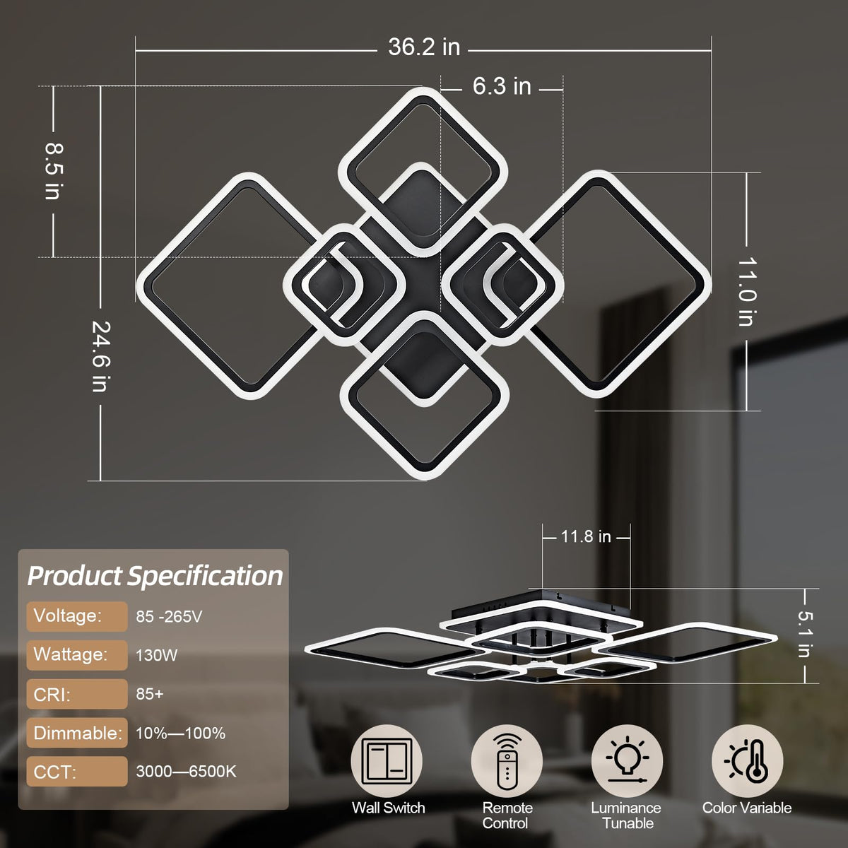 SEABLE acrylic square rings add contemporary style and soft diffusion.