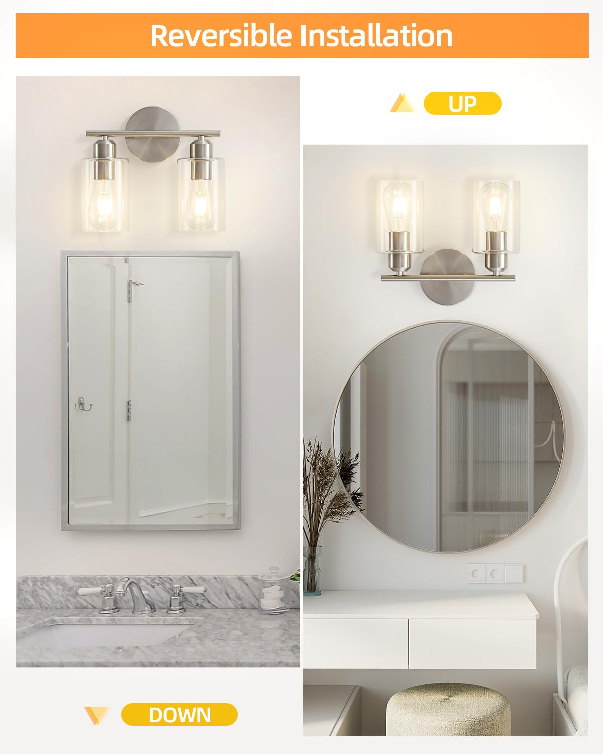 SEABLE vanity light with compact dimensions shown above a vanity mirror