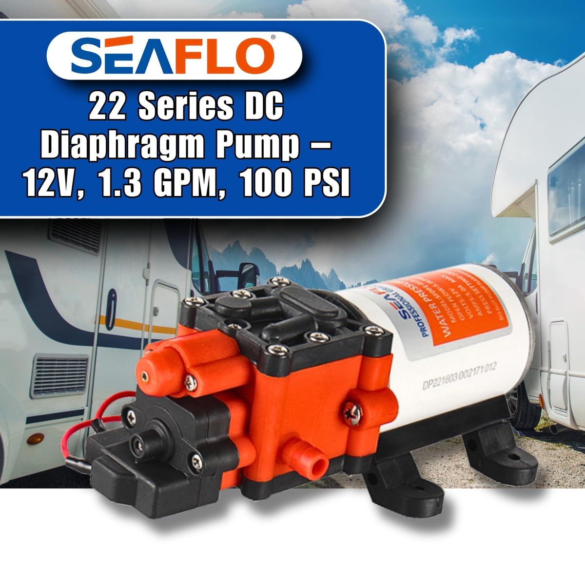 SEAFLO 22-Series 12V pump side view emphasizes compact fit for RV installs.