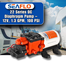 SEAFLO 22-Series 12V pump side view emphasizes compact fit for RV installs.