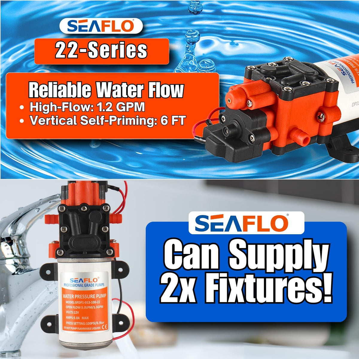 SEAFLO 22-Series label on pump shows model and specs for installation clarity.