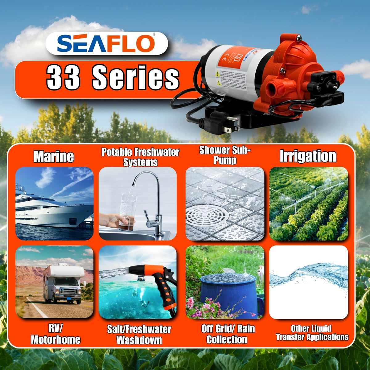 SEAFLO 33-Series run-dry capability protects pump under low water.