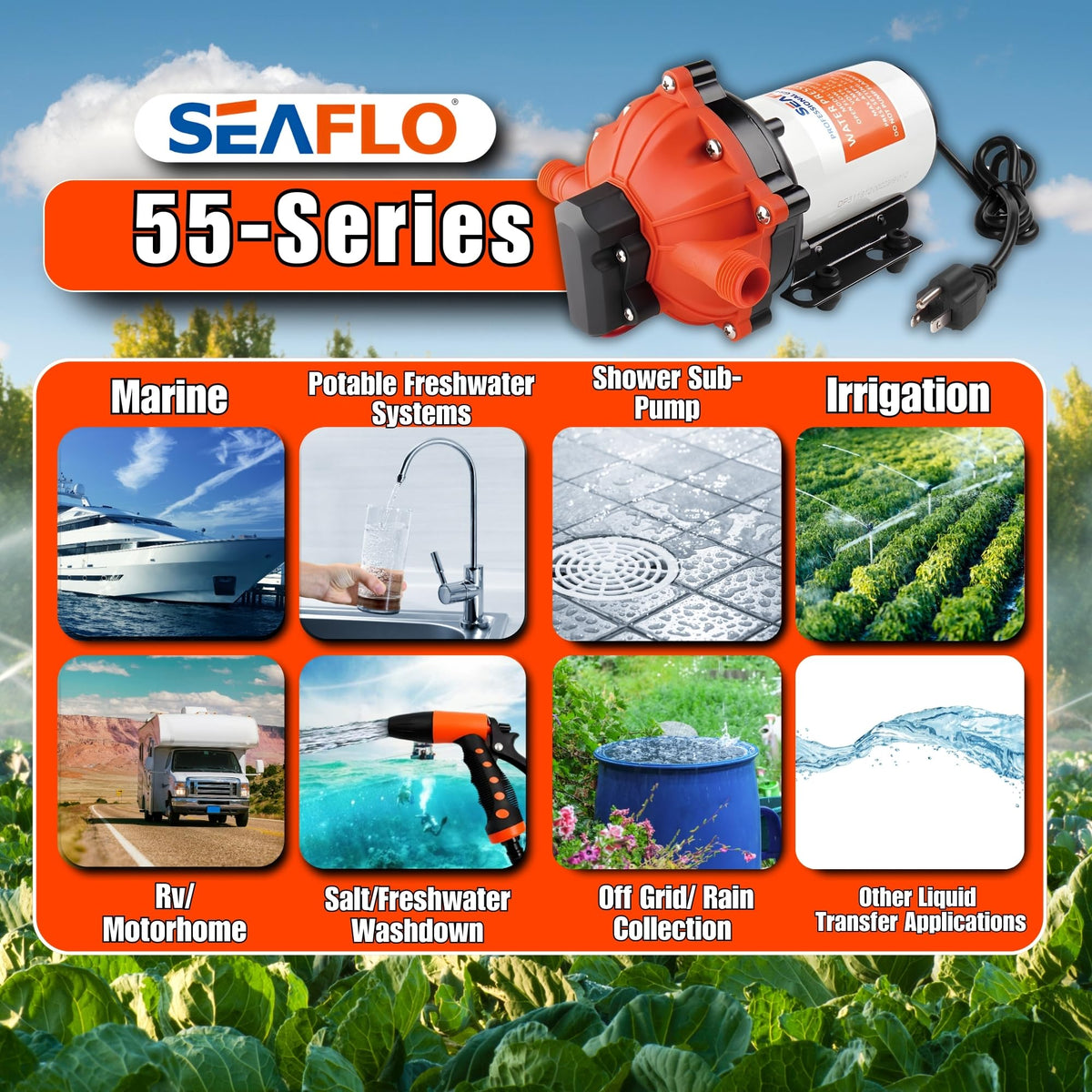 SEAFLO 55-Series corrosion-resistant materials resist saltwater exposure.