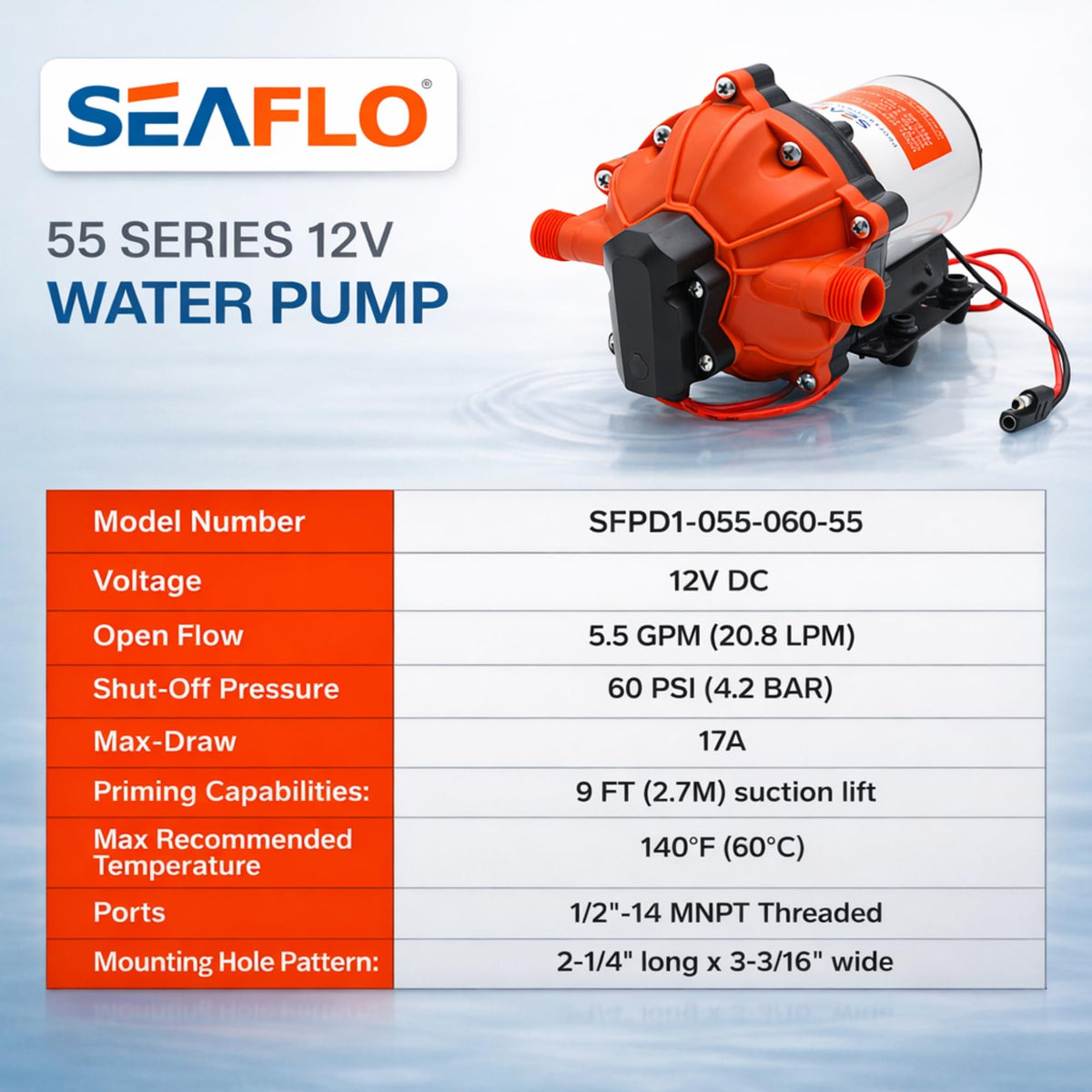 SEAFLO 55 Series in use in an RV setup showing quiet, steady water delivery