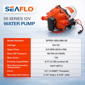 SEAFLO 55 Series in use in an RV setup showing quiet, steady water delivery