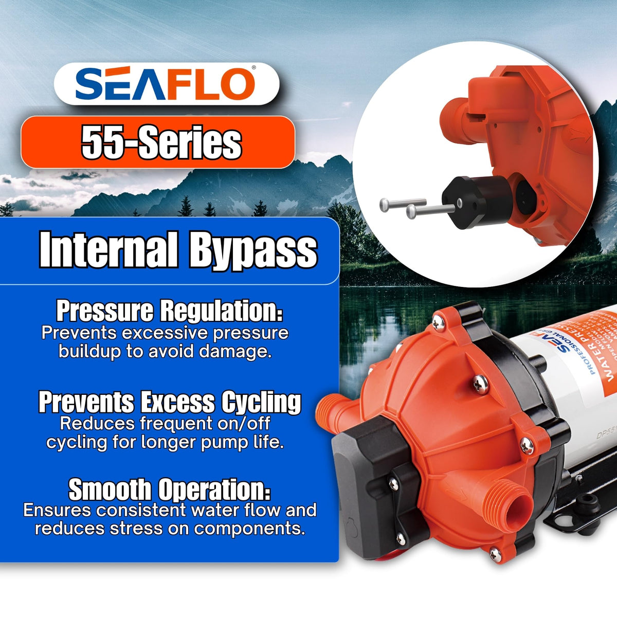 SEAFLO 55-Series self-priming feature supports above-tank placement.