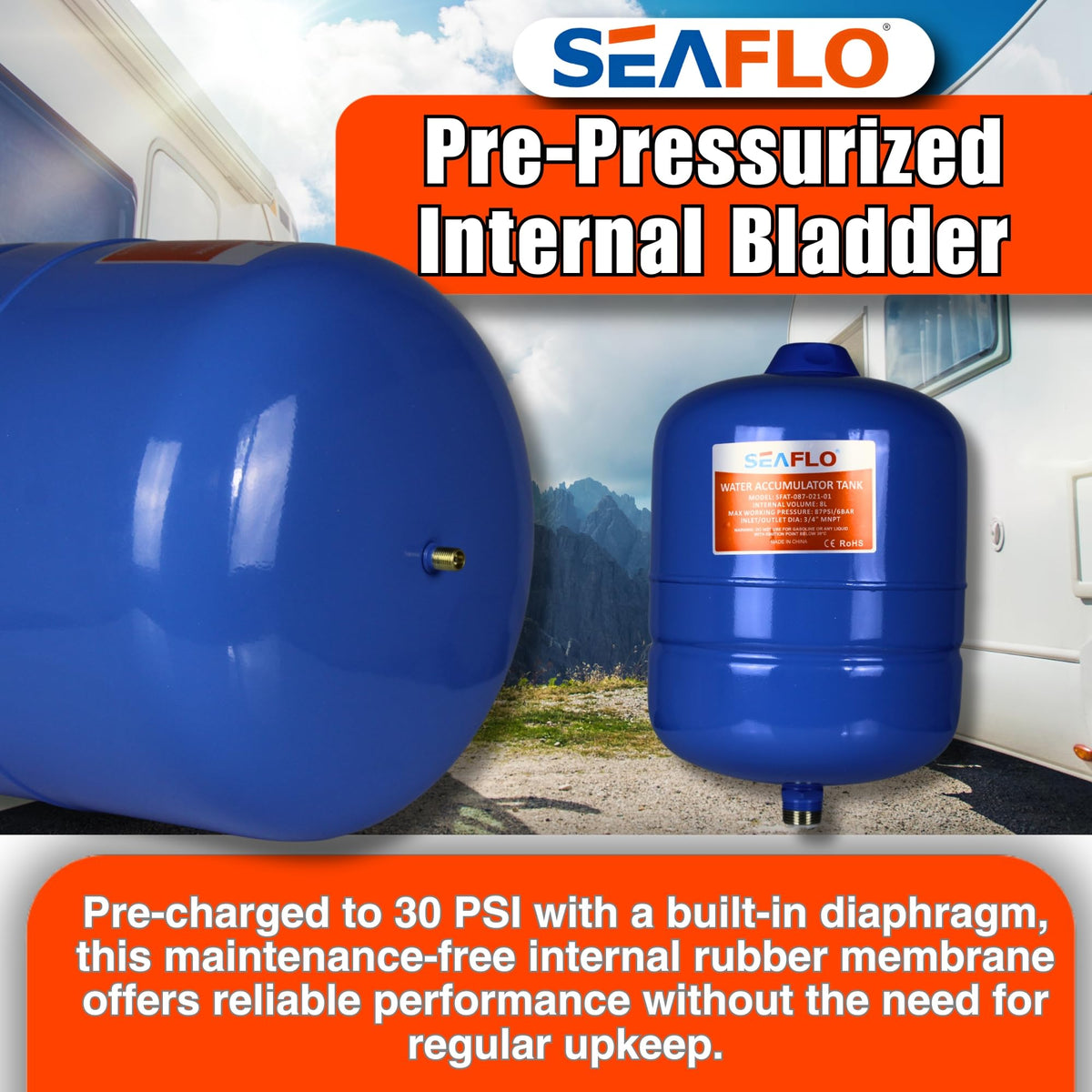 SEAFLO 2 Gallon accumulator, dampening action reducing water hammer for smoother flow.